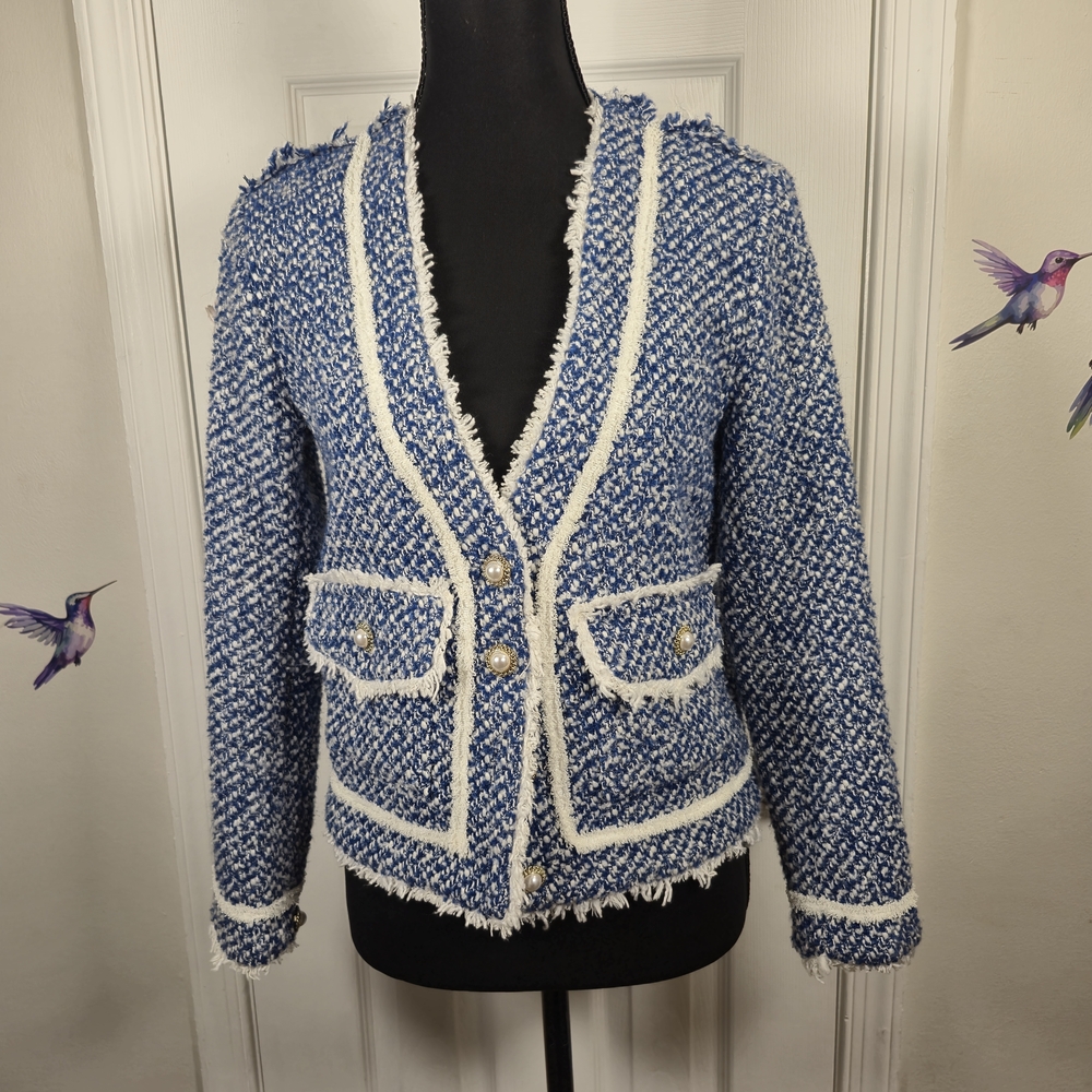 AQUA Blue & White Tweed Fringed Jacket Pearl Buttons Size XS Chanel Style - Picture 3 of 6